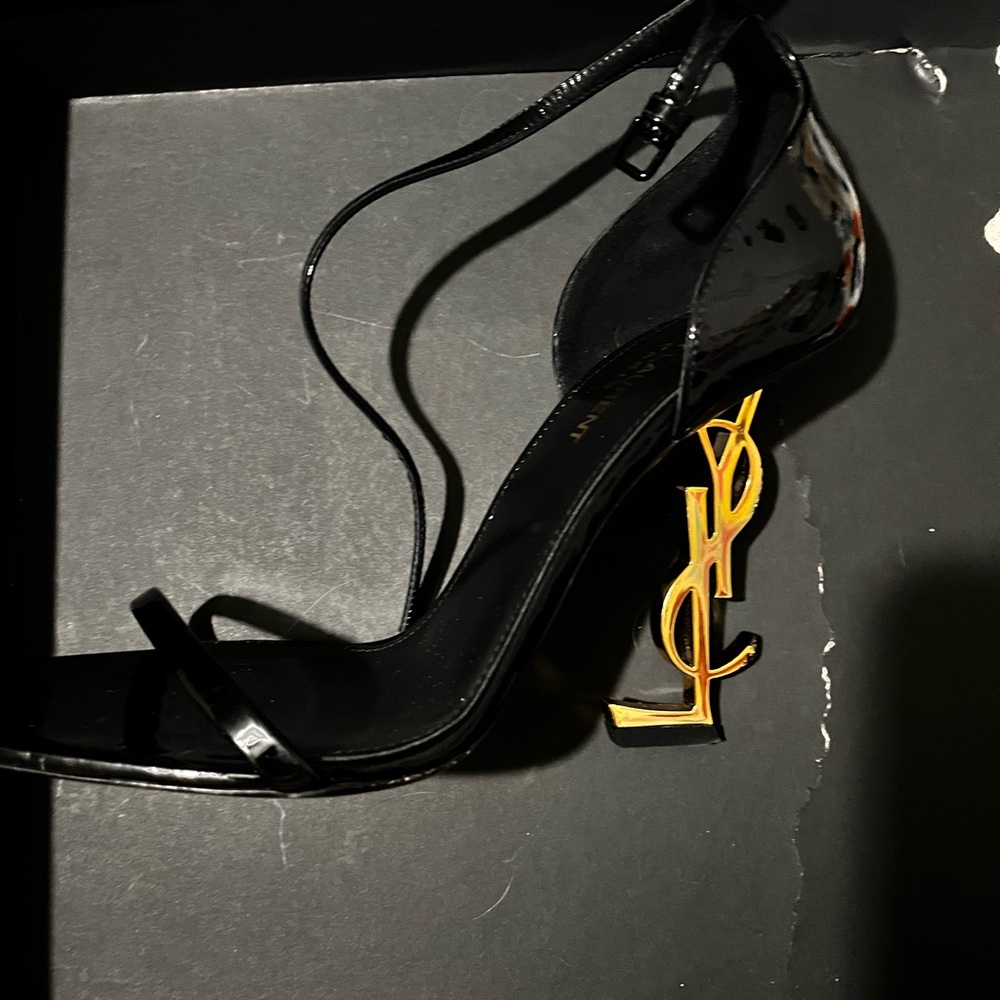 Yves Saint Laurent Black Heels with Gold Logo - Picture 2 of 5
